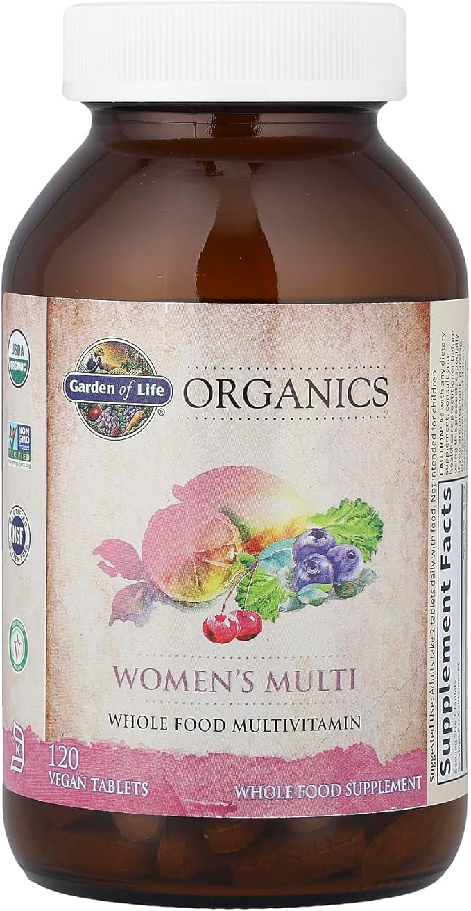 Garden of Life Organics Multivitamin for Women Womens Multi with Vitamin C D Folate B6 B12 Biotin Iron Vegan Whole Food Vitamins for Women Energy Skin Nails 120 Tablets
