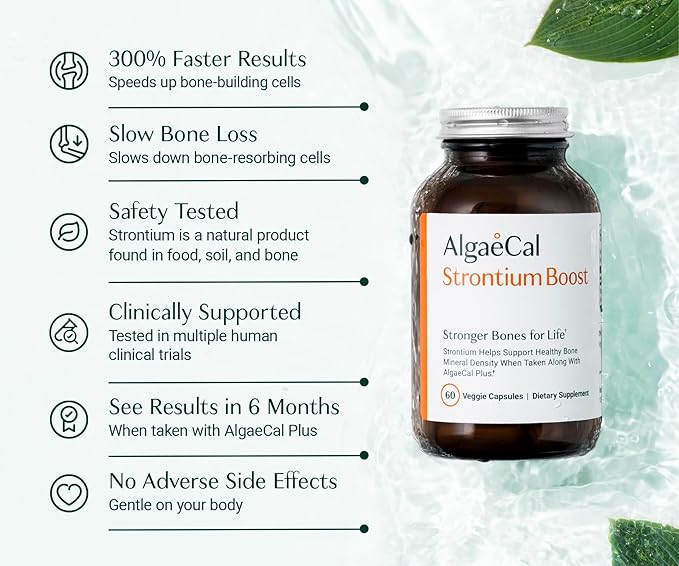 AlgaeCal - Strontium Boost Natural Calcium Supplement for Bone Density Increase Strontium Citrate 680 mg Easy to Swallow for Bone Health &amp Bone Strength Gluten-Free - 60 Veggie Caps- Made in U