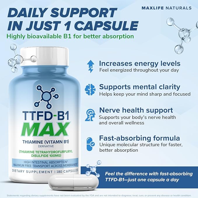 MAXLIFE NATURALS TTFD Thiamine B1 Supplement 180 Capsules Made in USA- Thiamine TTFD Vitamin B1 MAX High-Potency Supplement for Focus Supports Healthy Nerve Function &amp Overall Wellness