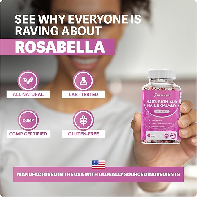 Rosabella Hair Growth Gummies for Women &amp Men – Vegan Hair Gummies with 5000mcg Biotin – Hair Vitamins for Strong Healthy-Looking Hair – Gummy Biotin Supplement – 60 Count