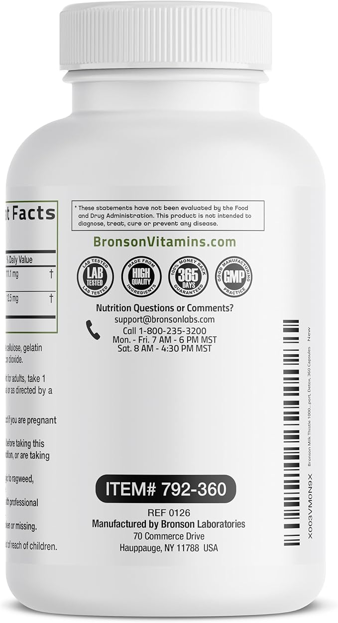 Bronson Milk Thistle Silymarin Marianum &amp Dandelion Extract Liver Health Support Antioxidant Support Detox 360 Capsules