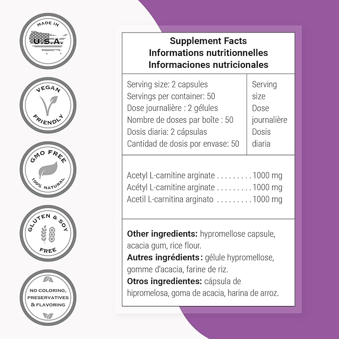 Supersmart - Acetyl L Carnitine Arginate 1000 mg Per Day - Amino Acids - Popular Brain Supplement | Non-GMO &amp Gluten Free - 120 Vegetarian Capsules