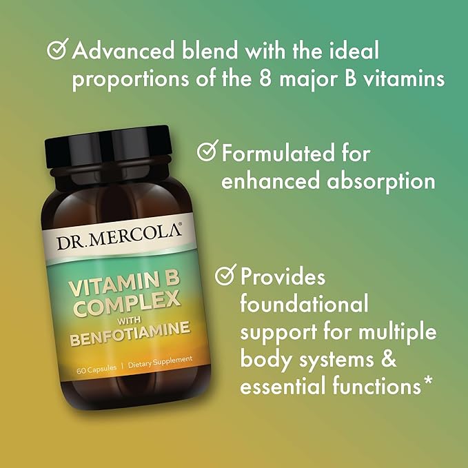 Dr. Mercola Vitamin B Complex with Benfotiamine - Supports Cellular Brain &amp Immune Health - Non-GMO Gluten-Free &amp Soy-Free - 60 Capsules (30 Servings)