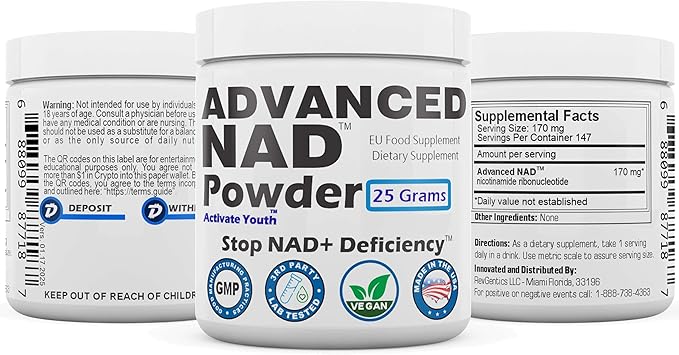 REVGENETICS Advanced NAD Powder - Dietary Supplement 147 Servings Unisex Vitamin B3 (NAD) 25 Grams