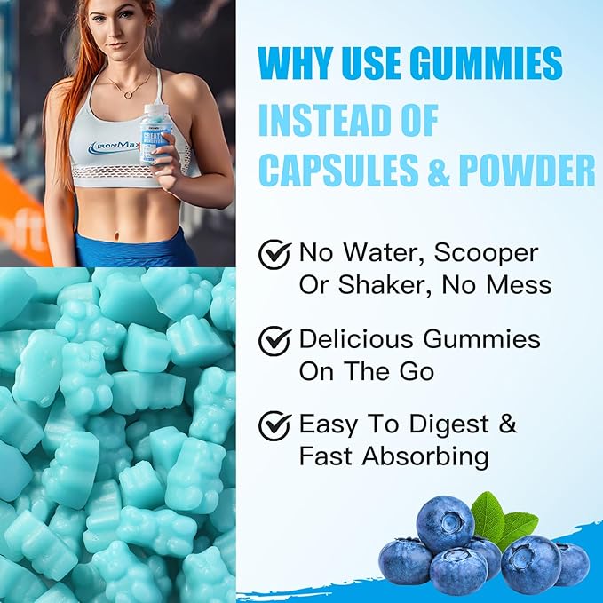 ElevateLife Creatine Monohydrate Gummies for Men &amp Women Chewables Creatine Monohydrate for Muscle Strength Muscle Builder Energy Boost Pre-Workout Supplement(90 Count)-Blueberry