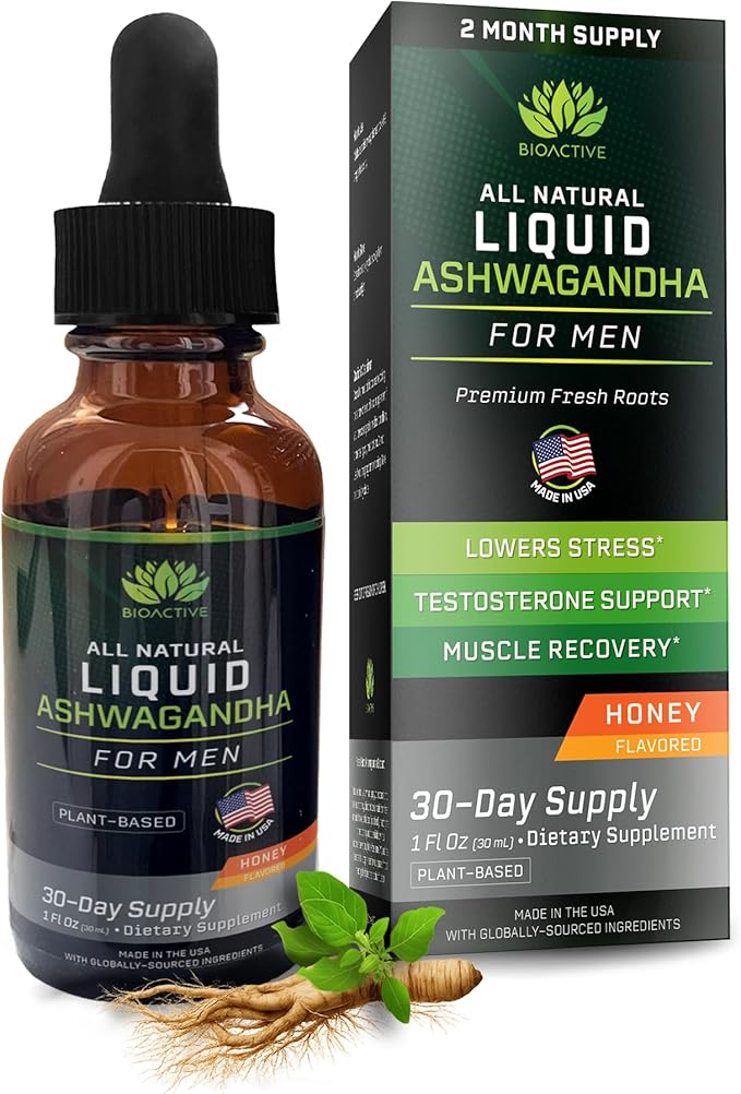 BIOACTIVE Liquid Ashwagandha Drops - Testosterone Health Supplement* - Adaptogen for Stress Support Men’s Wellness - Organic Vegetarian Gluten Free Non-GMO 59 Servings (1 Oz Honey)