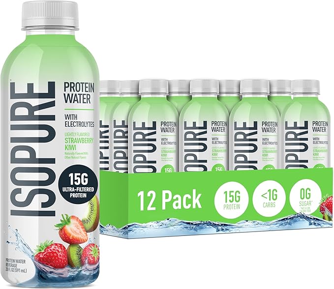 Isopure Clear Protein Water with Electrolytes 15g Whey Protein Isolate Zero Sugar Strawberry Kiwi 20 fl oz 12-Pack