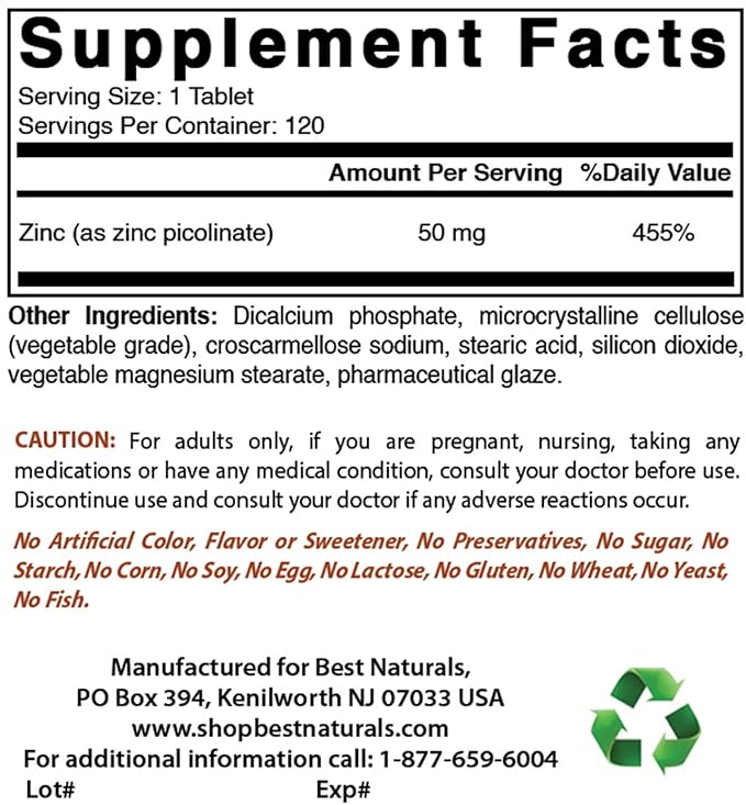 Best Naturals Zinc 50mg Supplements (as Zinc Picolinate) - Vitamins for Adults Immune Support - 120 Tablets (120 Count (Pack of 3))