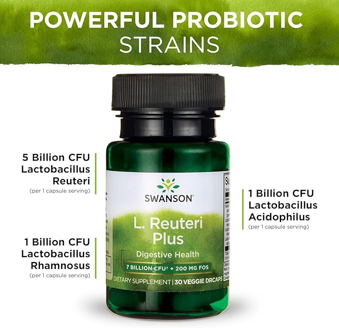 Swanson L. Reuteri Probiotic Plus with L. Rhamnosus L. Acidophilus &amp FOS Prebiotic for Gut-Health-Conscious Adults - 7 Billion CFU (30 Vegan Capsules 3 Pack)