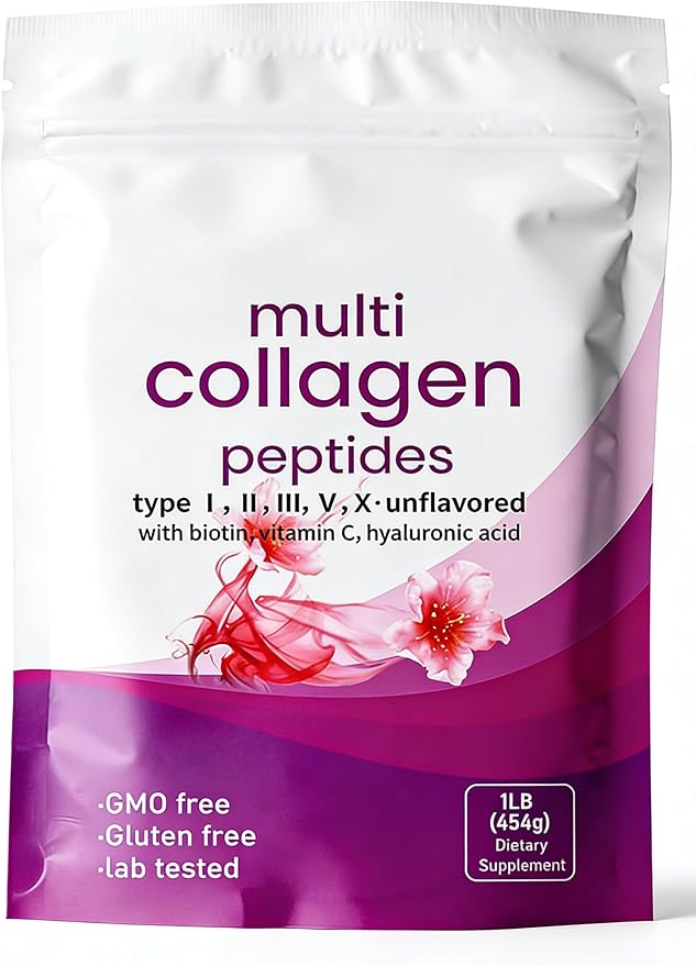 Multi Collagen Peptides Powder — 16 oz Full Spectrum Types I II III V &amp X with Biotin Hyaluronic Acid and Vitamin C for Women &amp Men — Non-GMO Formula