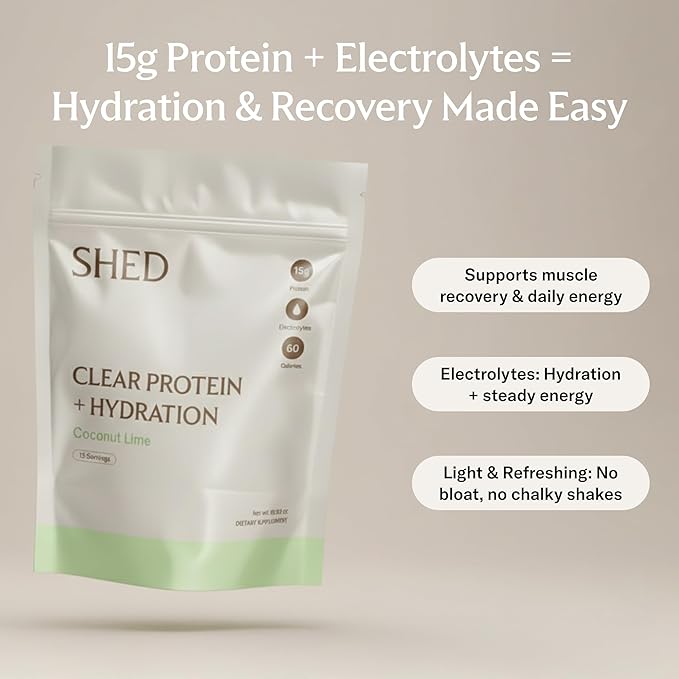 Clear Protein Powder with Electrolytes by Shed 15g Whey Protein Isolate Low Calorie and Lactose Free Light and Clean Hydration Drink Bloat-Free Post Workout Supplement Coconut Lime (15 Servings)