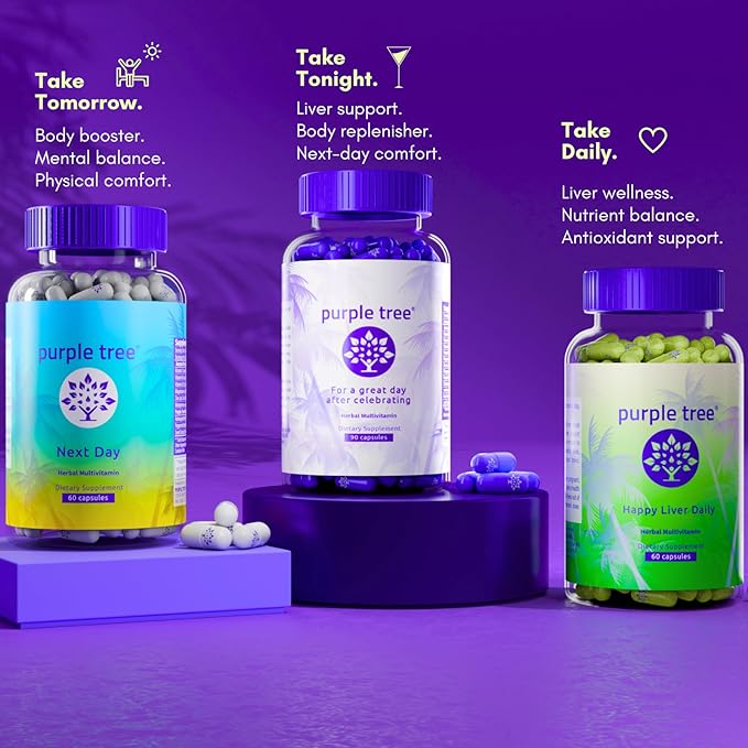 purple tree Post-Celebration Wellness Supplement for Liver Support &amp Hydration | Liposomal Dihydromyricetin (DHM) L-Glutathione Milk Thistle B Vitamins Minerals Willow Bark | 30 Capsules