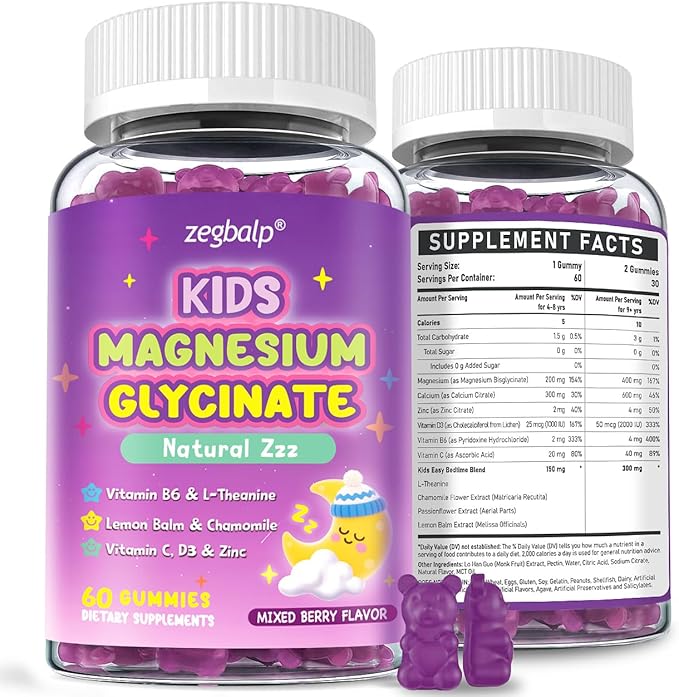 Magnesium Glycinate Gummies For kids - Sugar Free Magnesium Bisglycinate Supplement 200mg with L-theanine Chamomile Calcium B6 D3 &amp Zinc - for Natural Zzz &amp Overall Health - Melatonin Free