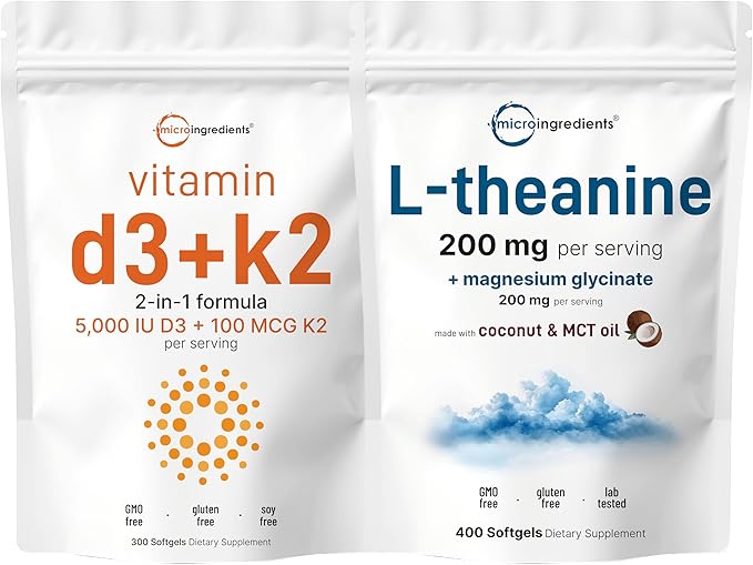 Micro Ingredients Vitamin D3 5000iu + K2 100mcg Softgels &amp L-Theanine 200mg with Magnesium Glycinate Bundle 2 Pack | Essential Sunshine Vitamins | Amino Acid &amp Mineral Complex