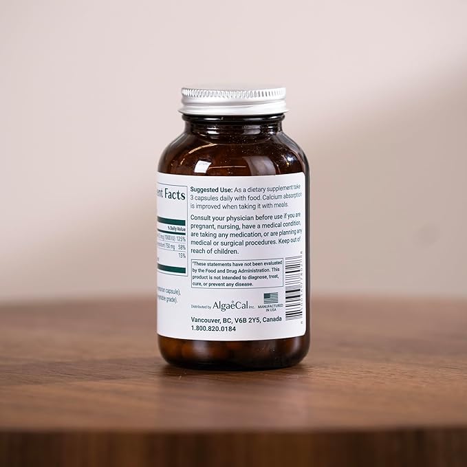ALGAECAL - Plant Based Calcium Supplement with Vitamin D3 (1000 IU) for Bone Strength Contains 13 Minerals Supporting Bone Health Organic Calcium (750 mg) for Women &amp Men 90 Caps 3 Month Suppl