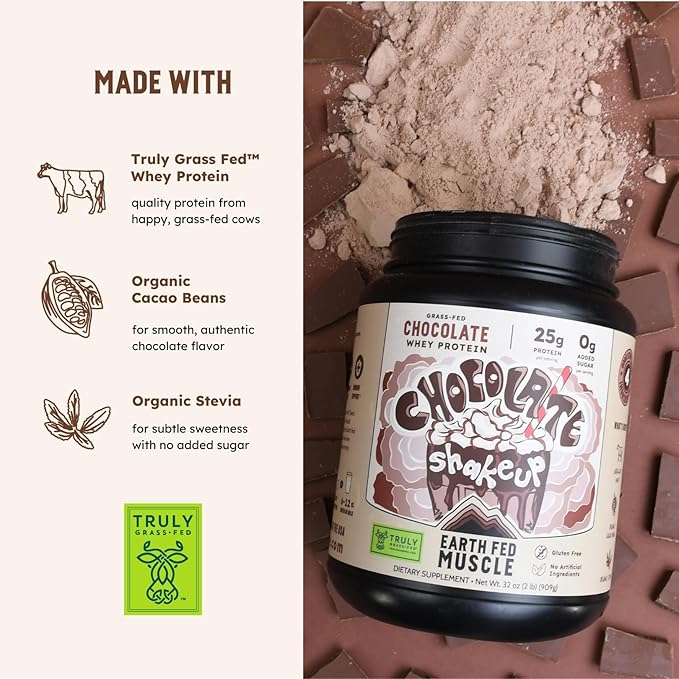 Earth Fed Muscle Chocolate Shakeup Truly Grass Fed Whey Protein Isolate. 3rd-Party Certified No Artificial Ingredients Soy Free Gluten Free Non-GMO Hormone Free (2 Pound 29 Servings Chocolate)
