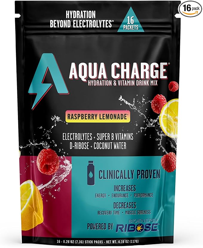 Grab The Gold Aqua Charge Electrolytes Drink Mix | Naturally Flavored Sugar-Free Hydration Drinks with B Vitamins | Vegan Gluten-Free Non-GMO | Raspberry Lemonade - 16 Packs Made in USA