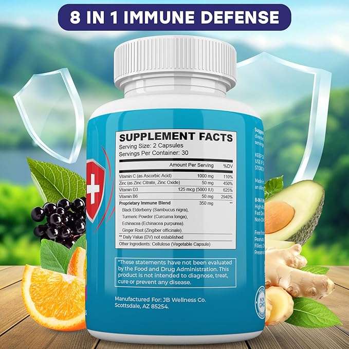 Immune Support 8 in 1 Capsules - Zinc Supplement Vitamin D3 Vitamin C and Elderberry - Immune Booster with Echinacea Ginger Root and Turmeric - [2-Pack]