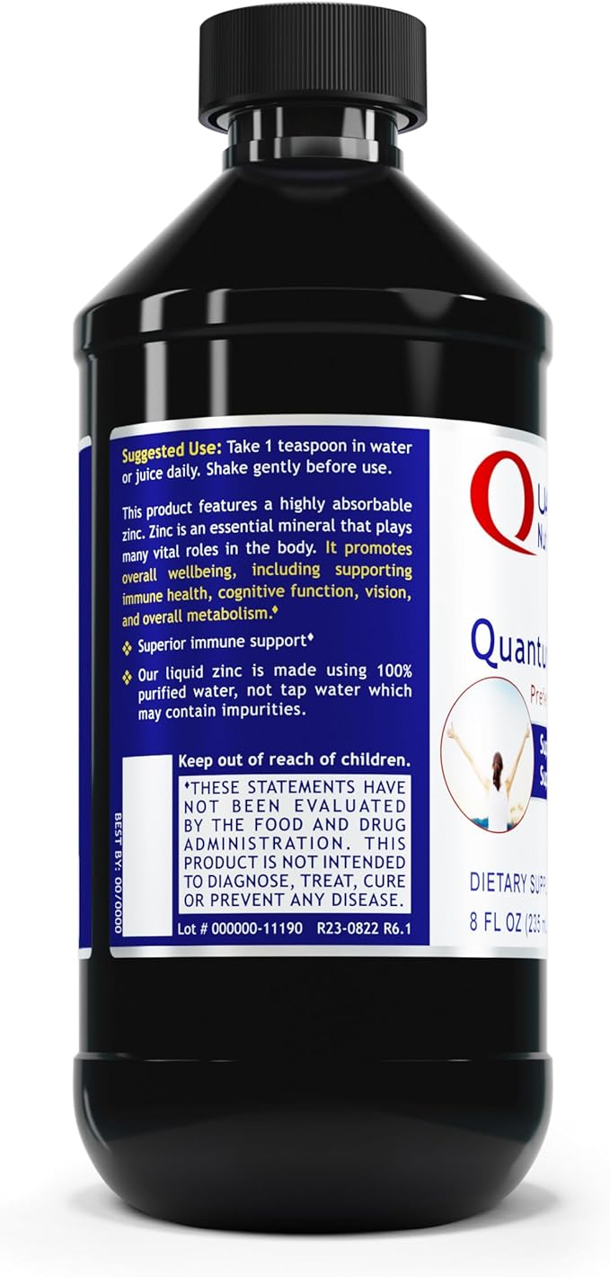 Quantum Nutrition Labs Liquid Zinc Supplement Drops - Zinc Sulfate Tincture for Adults 25mg per Serving Metabolic Function and Immune Support - 8 Fl Oz Bottle