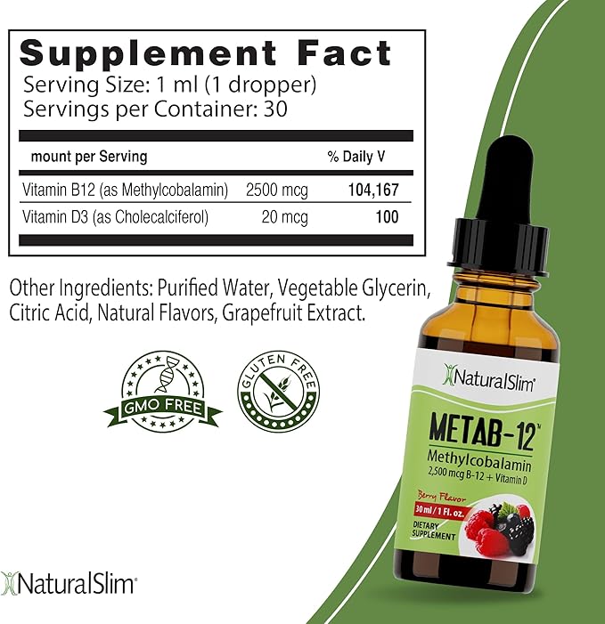 NaturalSlim Liquid B12 Vitamins with Vitamin D - Metab-12 Methylcobalamin 2500 mcg B12 Sublingual Drops for Metabolism Energy &amp Immune Support - Berry Flavor 1 fl oz