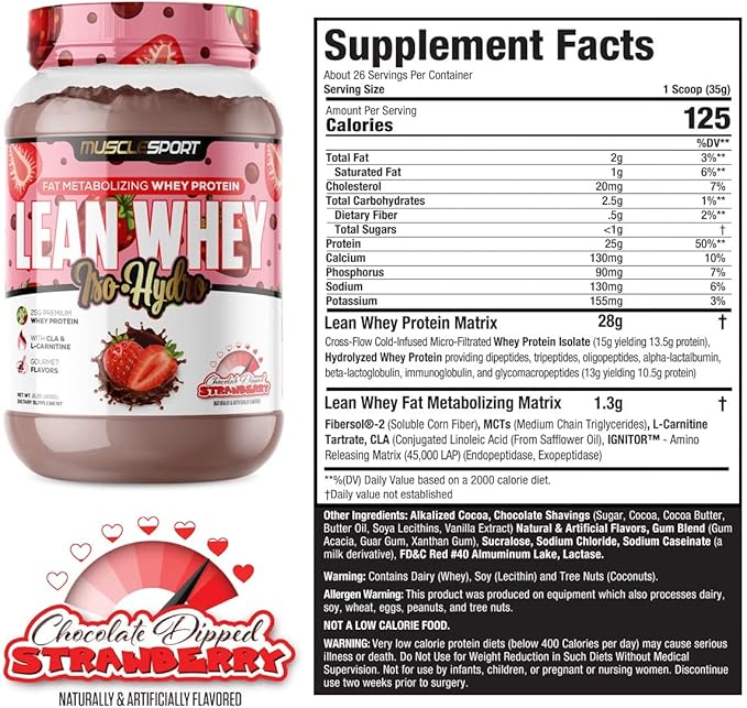 MuscleSport Lean Whey Revolution™ Whey Protein Isolate with Hydrolyzed Whey - Low Calorie Low Carb Low Fat Incredible Flavors - 25g protein per scoop (2LB Chocolate Dipped Strawberry)