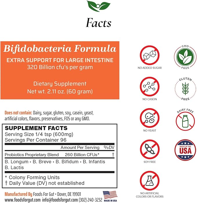 Foods For Gut Bifido Formula 320 Billion cfu's | Made in USA | Direct from Manufacturer | No Third-Party Storage | Digestive &amp Immune Support | May Help Leaky Gut Repair | 60 Grams (2.11 Oz)