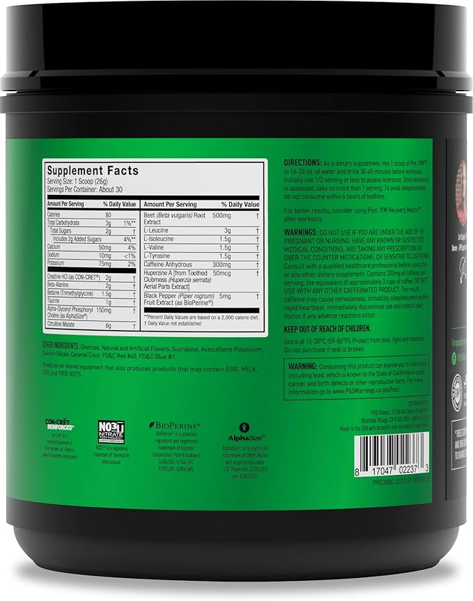 JYM Supplement Science Pre JYM Black Cherry Pre Workout Powder for Men &amp Women BCAAs Nootropics Creatine HCI Citrulline Beta-Alanine Betaine Taurine Huperzine 30 Servings