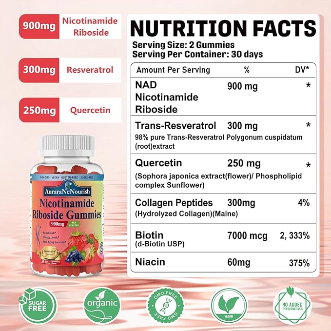2 Pack Multi Collagen Peptides Peach Gummies &amp Nicotinamide Riboside Gummies Sugar-Free for Women Men