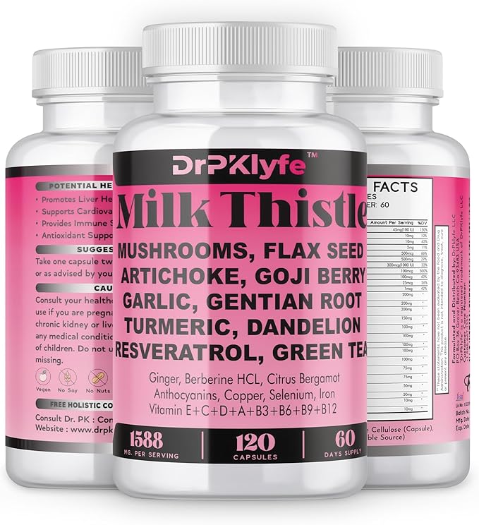 Milk Thistle Capsules for Liver Detox &amp Cleanse Support – with Dandelion Root Resveratrol Artichoke Moringa Silymarin – 120 Capsules (60-Day Supply)