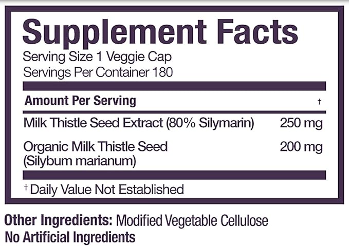 Organic Milk Thistle Capsules 180 Caps Pure Milk Thistle Powder Plus 80% Silymarin Extract Standardized Complex 450 mg Natural Liver Health Supplement Immune Boost Detox and Cleanse