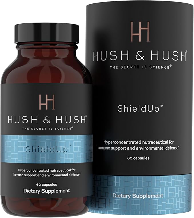 Hush &amp Hush ShieldUp - Immune Booster Energy Supplement - Brain Booster - Vitamin C Maca Root Turmeric and Organic Matcha Leaf Extract - Vegan Gluten Free - 60 Capsules