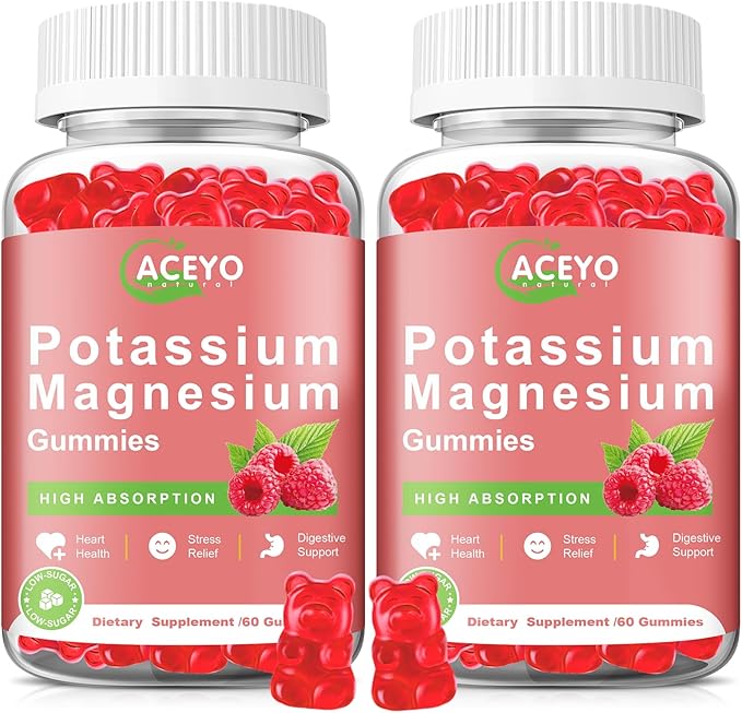 2 Pack Potassium Magnesium Gummies for Adult Kids High Absorption Leg Cramps &amp Muscle &amp Heart Health Immune Health Raspberry Magnesium Gummies Chewable Gummy Supplement Vegan Non-GMO