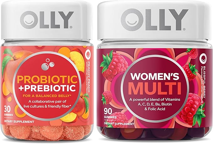 OLLY Probiotic + Prebiotic and Women’s Perfect Multi Starter Pack Bundle Live Cultures &amp Friendly Fiber Vitamins A C D E Bs Biotin &amp Folic Acid 30 and 90 Count
