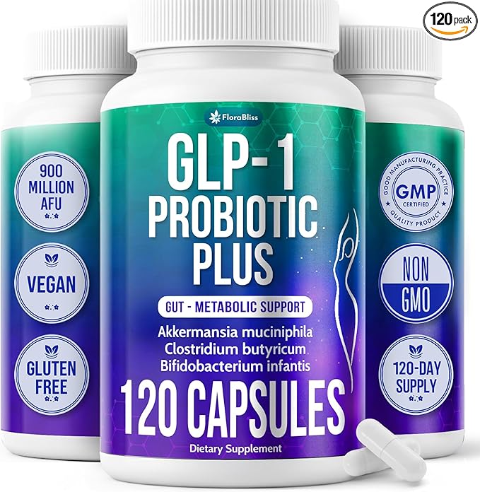 FloraBliss 120 Probiotic Capsules - 900 Million AFU of Akkermansia Clostridium Bifidobacterium. Added Prebiotic Chicory and Green Tea Exact. Gluten Free - Vegan - Non GMO.