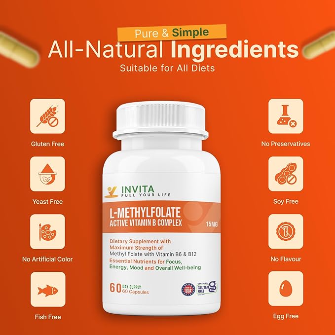 INVITA L-Methylfolate 15mg + Active Vitamin B Complex – 60 Capsules - 5-MTHF Supplement with Vitamin B6 &amp B12 Methylcobalamin for Mood Energy and Heart – Non-GMO Gluten Free 2-Month Supply