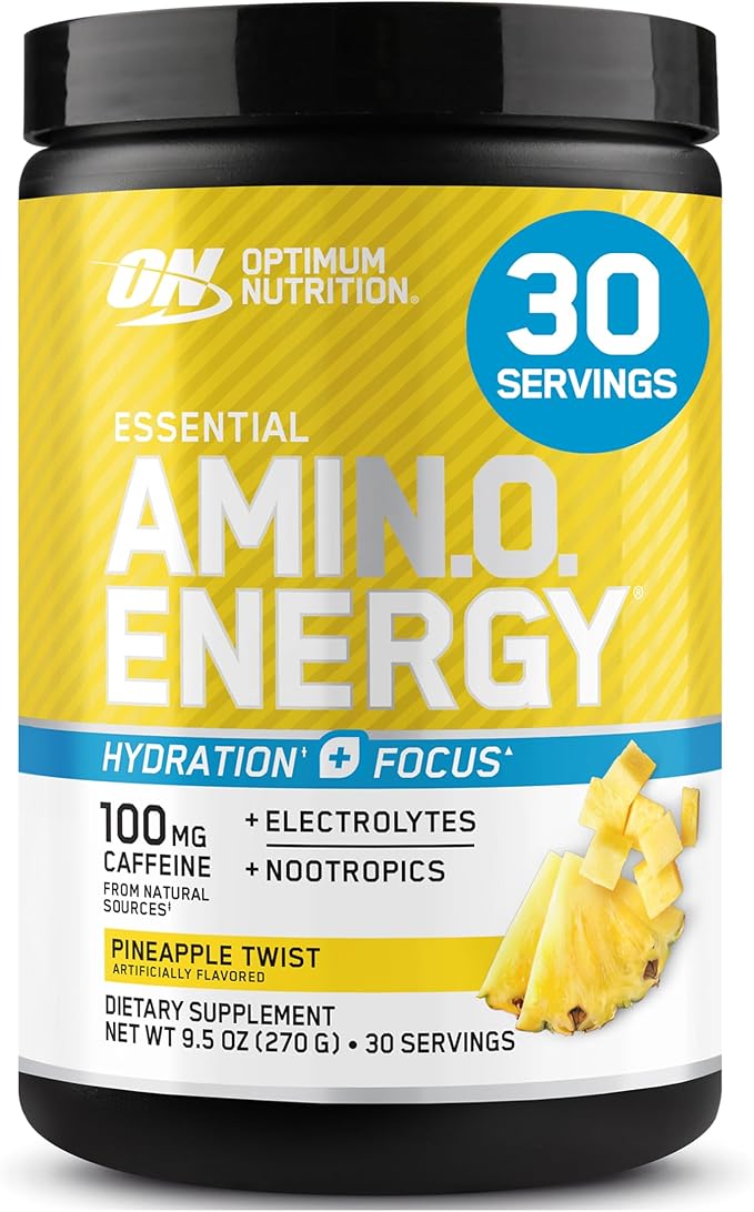 Optimum Nutrition Amino Energy Powder Plus Focus with BCAA Electrolytes and Caffeine Pineapple Twist 30 Servings (Packaging May Vary)