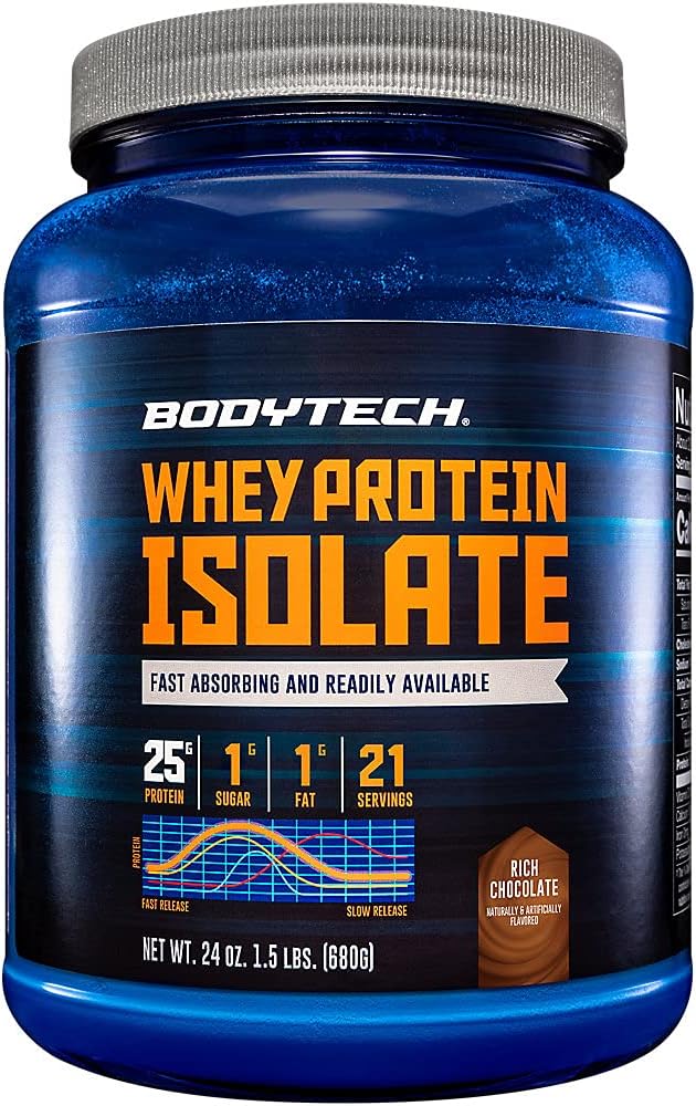 BodyTech Whey Protein Isolate Powder - 25g Protein per Serving with BCAAs - Fast-Absorbing for Muscle Growth &amp Recovery - Rich Chocolate (1.5 lb 21 Servings)