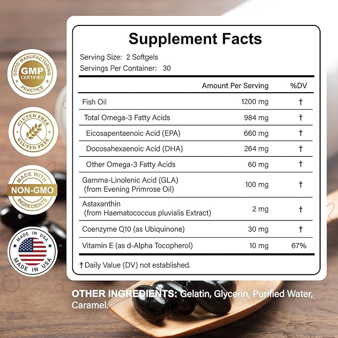 Omega-3 Fish Oil Supplement for Women 984mg Omega-3 with Evening Primrose Oil (GLA) Astaxanthin &amp CoQ10 Supports Monthly Comfort Skin Health &amp Total Body Wellness-60 Softgels