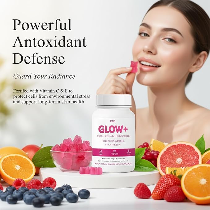 Jovi Nutrition Glow+ NAD+ &amp Collagen GummiesMulti-Type Hydrolyzed Collagen Peptides with Resveratrol Hyaluronic Acid Vitamin C &amp E Skin Hair &amp Nail Nutritional Support