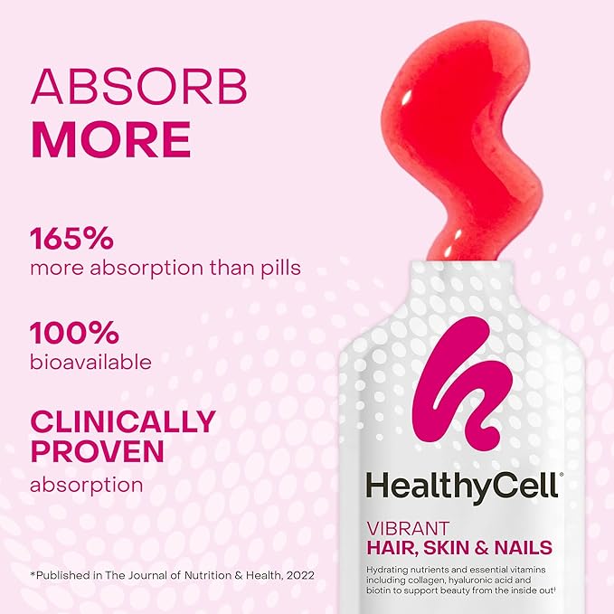 Healthycell Vibrant Hair Skin &amp Nails Daily Liquid Supplement - Beauty Supplements with Hydrating Nutrients &amp Essential Vitamins - Collagen Biotin &amp Hyaluronic Acid - 30 Gel Packs