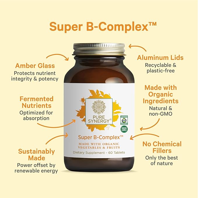 PURE SYNERGY Super B-Complex | Vitamin B Complex Made with Organic Whole Foods | Vegan Supplement with Natural Vitamin B12 Niacin and Folate | for Energy Focus and Mood Support (60 Tablets)