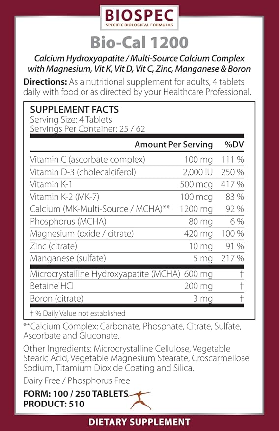 BIOSPEC NUTRITIONALS Bio-Cal 1200 – Superior Bone Support Complex w/MCHA Vitamin D3 Vitamin K2 (MK-7) Magnesium Zinc and Other Nutrients