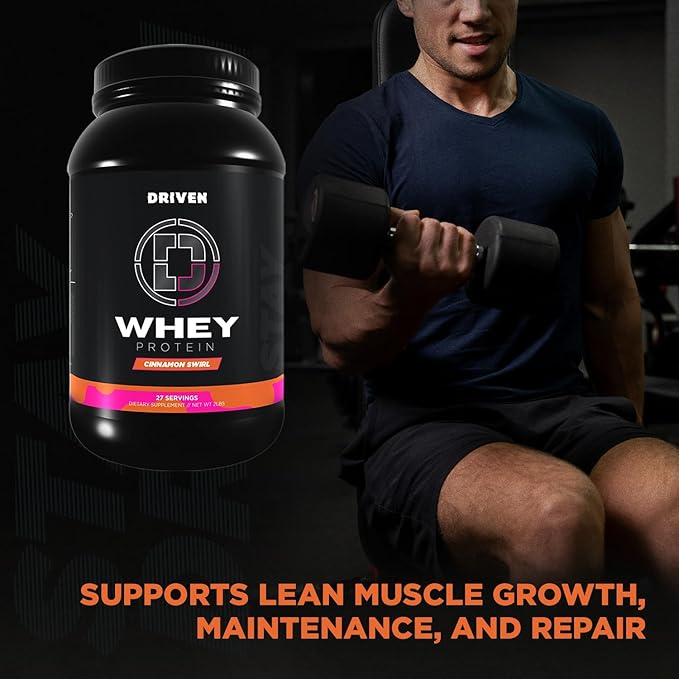 Driven WHEY- Grass Fed Whey Protein Powder: Delicious Clean Protein Shake- Improve Muscle Recovery with 23 Grams of Protein with Added BCAA and Digestive Enzymes (2 lb Cinnamon Roll)