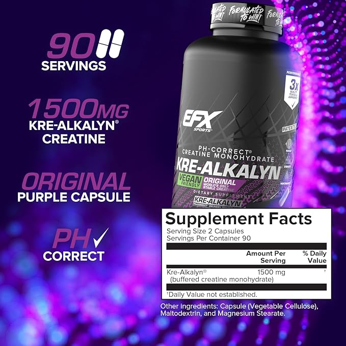 EFX Sports Kre-Alkalyn EFX | pH Correct Creatine Monohydrate Pill Supplement | Vegan Friendly | Strength &amp Muscle Growth | 90 Servings 180 Veggie Capsules (Pack of 2)