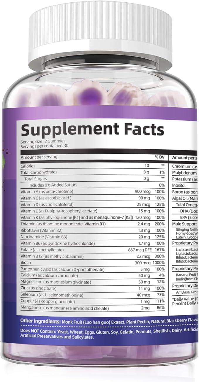 Multivitamin for Men Mens Multivitamins Gummies w/Omega-3 Probiotics Inositol Folate Biotin Zinc Vitamins A C D E B - Support Heart Brain Muscle Energy Sugar-Free Blackberry Flavor