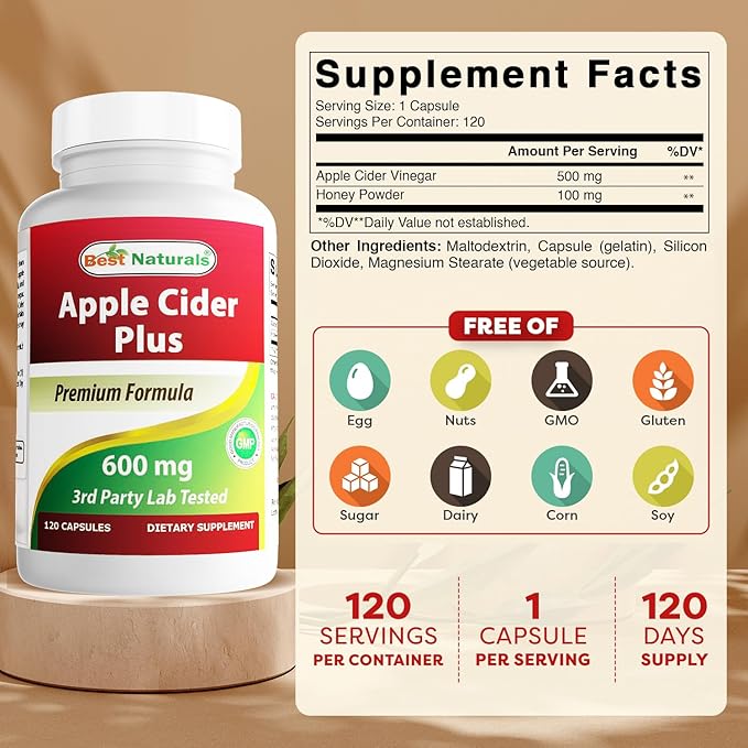 Best Naturals Apple Cider Vinegar Plus 600 Mg 120 Capsules - Vinegar Capsules for Healthier Digestion Cleanse Body Naturally (Pack of 3)