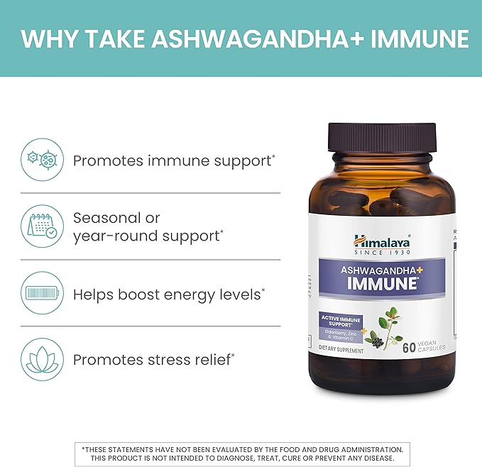 Himalaya Ashwagandha+ Immune - Herbal Immune Support Supplement with Vitamin C Zinc Elderberry and Amla for Immunity - Vegan Non-GMO Gluten Free 960 mg 60 Capsules