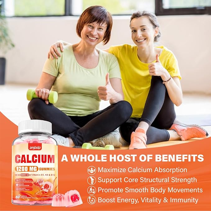 Calcium 1200 mg with Vitamin D3 Supplement for Adults - Calcium Gummies with Vitamin D3 5000IU K2 B12 for Women Men - Extra Absorption Calcium Citrate - Natural Strawberry Flavor 60 Gummies