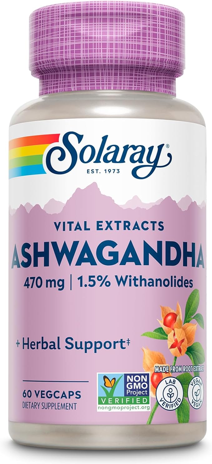 SOLARAY Vital Extracts Ashwagandha 470mg - Powerful Adaptogen - Ashwagandha Supplements w/ 7mg Withanolides Wellness Support Vegan Non-GMO Lab Verified 60-Day Guarantee 60 Servings 60 VegCaps