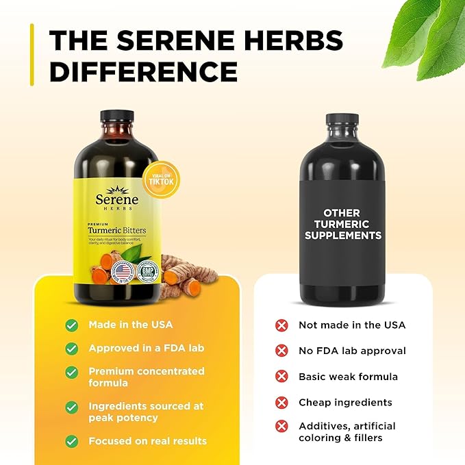 Serene Herbs Liquid Turmeric with Black Pepper - Turmeric Shots Curcumin Supplement 1000mg Extra Strength Herbal Drink Digestive Bitters for Bloating Relief Joint Health Energy &amp Clarity - 16oz